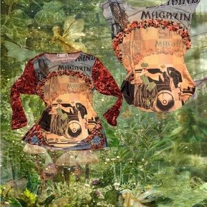 Euro Vintage-Inspired Long Sleeve Graphic Top in Red and Multi